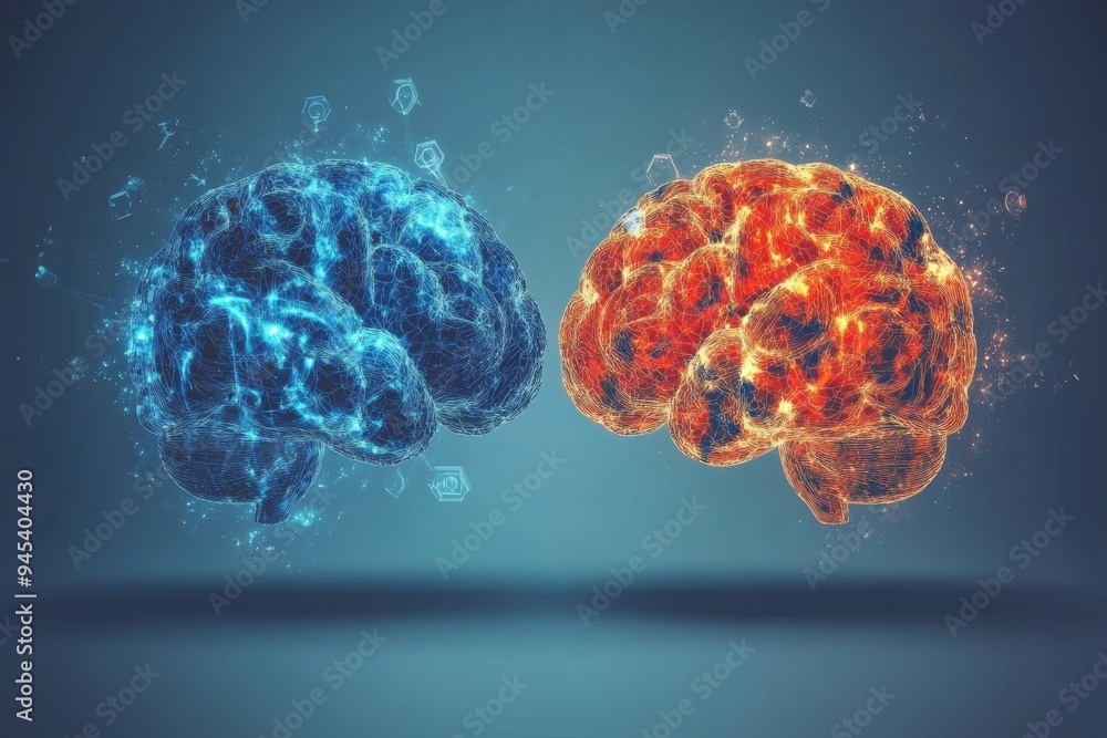 Poster two brains one blue and one red facing each other symbolize the contrast of opposing ideas and the i