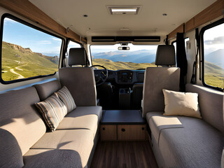 camper van with comfortable couches and large windows offering scenic views.