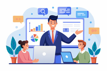 Online presentation webinar, conference or online seminar, consultation or data analyzing meeting, business discussion, financial expertise concept, businessman on computer screen presenting data.
