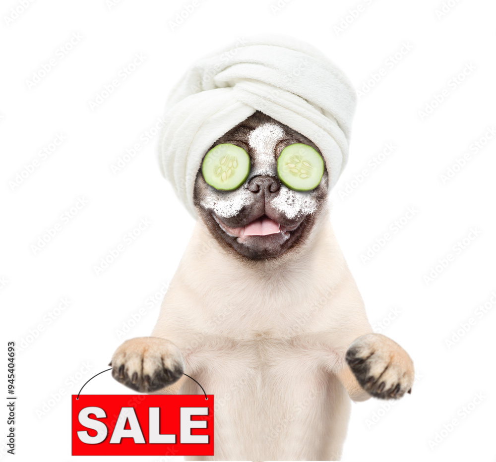 Poster funny mastiff puppy with towel on his head and with cream on his face and pieces of cucumber on his 