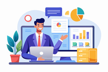 Online presentation webinar, conference or online seminar, consultation or data analyzing meeting, business discussion, financial expertise concept, businessman on computer screen presenting data.

