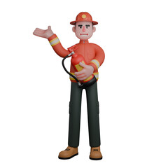 Male Firefighter Professionalism in 3D. A firefighter holds a fire extinguisher in one hand while gesturing or giving directions with the other. Rescue Cartoon