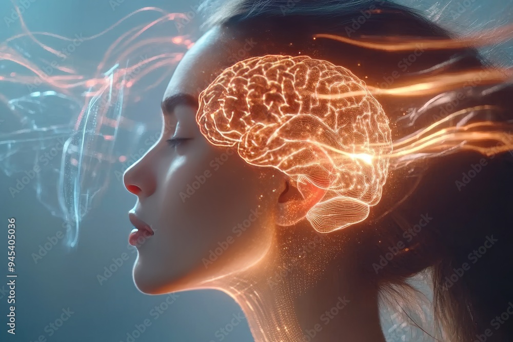 Poster a female face with glowing brain connections in a high tech environment symbolizes the integration o