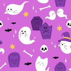 Cartoon Halloween cute ghost characters near tombstone. Vector adorably spooky phantoms giggling by a grave stone, radiate charm among eerie mist, their spectral cuteness defying the darkness
