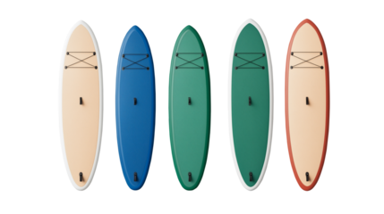 set of isolated paddle boards in different colors arranged separately against white or transparent background