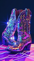 Disco balls like cowboy boots on a neon background. Contemporary style. Creative art, disco aesthetics.