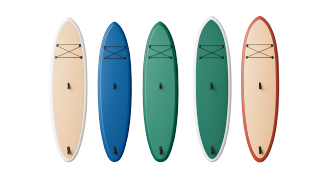 set of isolated paddle boards in different colors arranged separately against white or transparent background