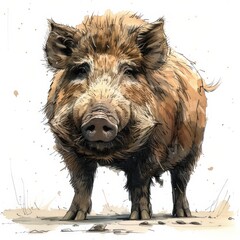 A detailed illustration of a wild boar with a brown and grey coat, standing on a light brown ground, depicted in a childrens book style using watercolor