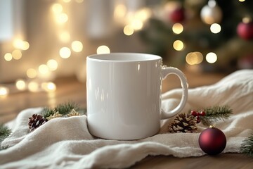 Festive coffee mug surrounded by pinecones and holiday decorations, creating a cozy Christmas atmosphere.