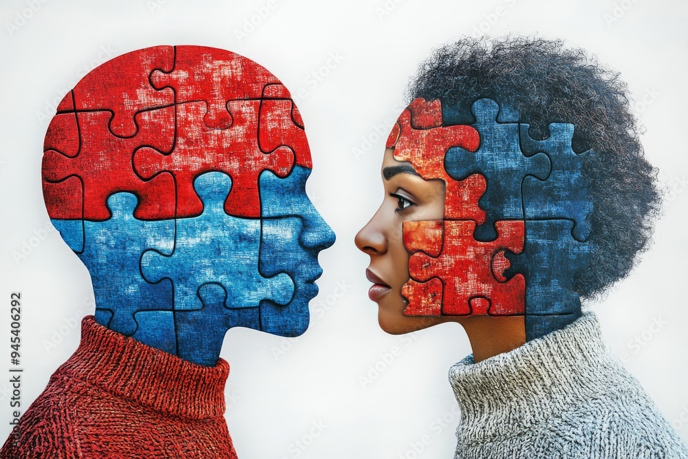 Poster two human profiles made of red and blue puzzle pieces facing each other symbolize the dynamic exchan