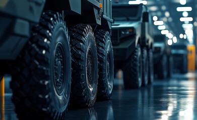 Row of military trucks in a factory setting with large rugged tires in focus.
