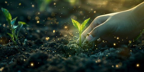 Hand Gently Nurturing a Sprout with a Glowing Network of Connected Lines, Representing Growth and Technology in a Sustainable Future