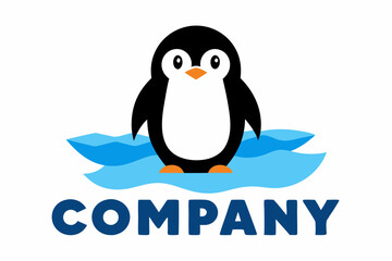 A logo with a cartoon penguin standing next to it