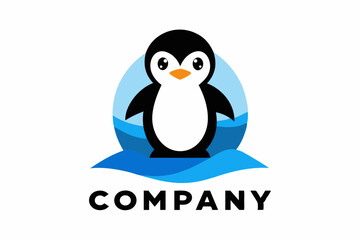 A logo with a cartoon penguin standing next to it