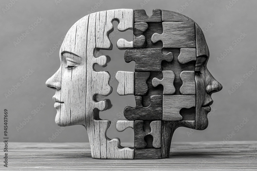 Poster a human profile made of metallic puzzle pieces symbolizes the complexity of identity and the intrica