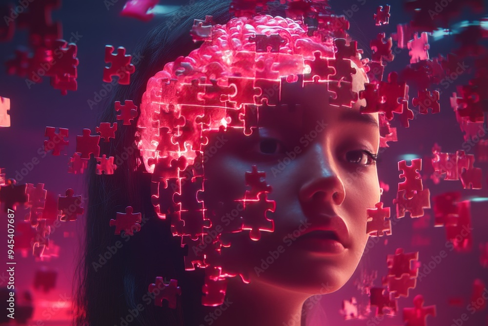 Poster a glowing human head made of digital puzzle pieces symbolizes the integration of technology and thou