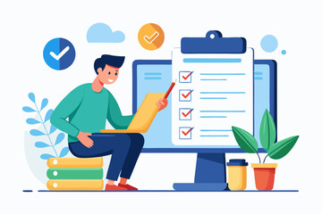 Online questionnaire survey, customer feedback choice or checklist, internet exam, opinion or comment, answer question, surveyor poll concept, man with pencil finish online questionnaire on computer.

