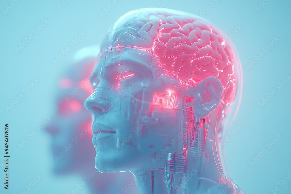 Poster a human head made of red glowing puzzle pieces symbolizes the fragmentation of thought and the ongoi