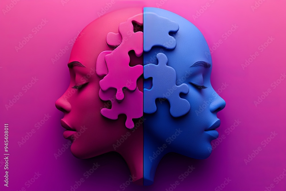Poster a human profile split into blue and pink halves with puzzle pieces missing symbolizes the duality of