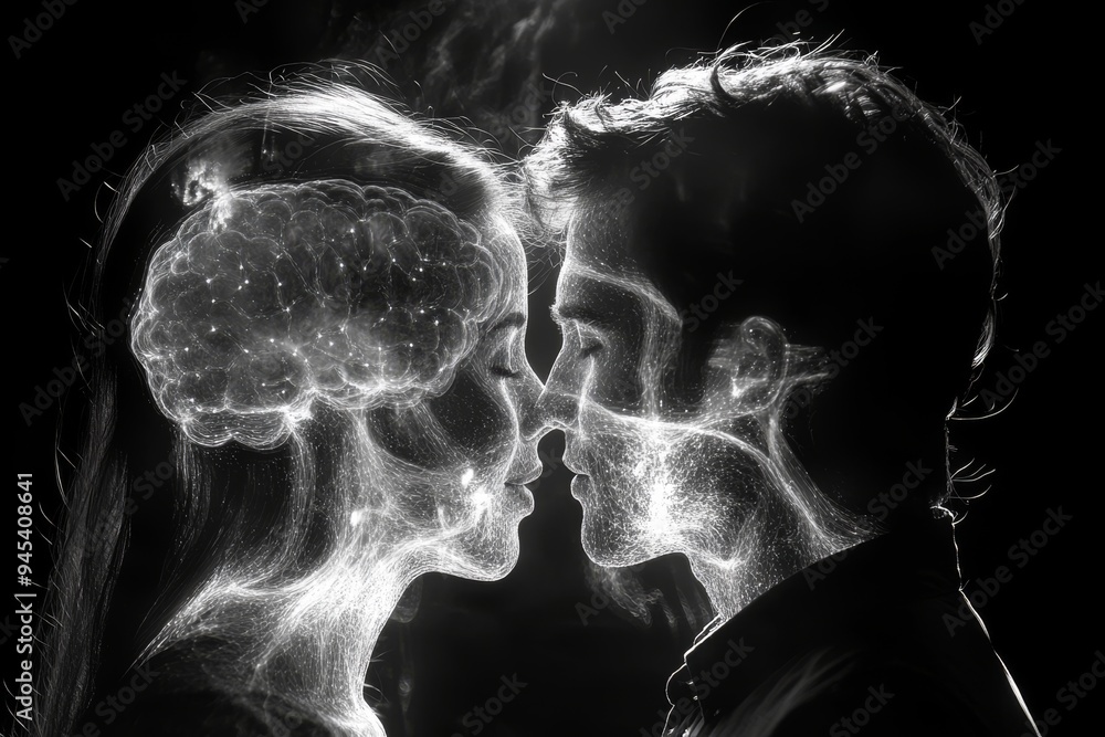 Poster a couple with glowing neural connections between their heads symbolizes the deep intellectual bond a