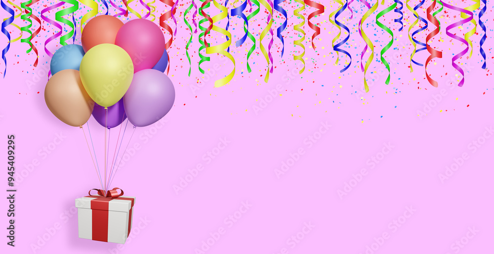 Poster flying gift box with multicolored balloons on pink background with curly ribbon. Empty space for text. 3d rendering