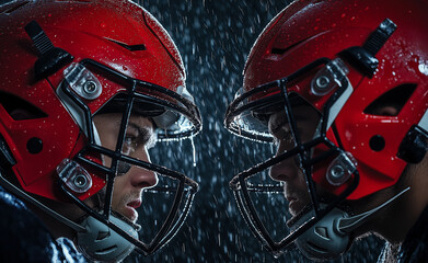 Fototapeta premium Two American football players facing off in the rain, wearing red helmets.