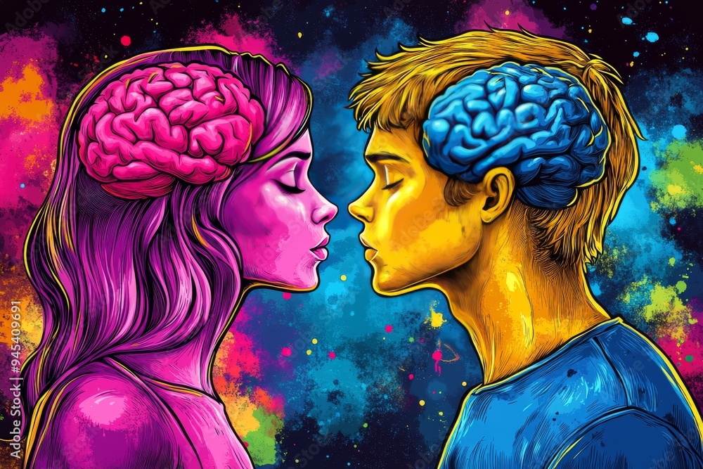 Aufkleber a couple with glowing brains in a colorful vibrant background symbolizes the dynamic exchange of ide