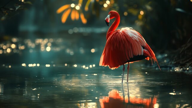 A flamingo stands in serene waters surrounded by lush greenery, its vibrant pink feathers brilliantly contrasting the tranquil natural ambiance of the background.