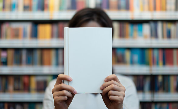 Person holding a blank book cover in a library, obscuring their face.