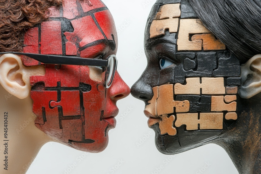 Poster two human faces painted with contrasting red and black puzzle pieces symbolize the duality of though