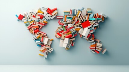 A world map made up of letters and books illustrating global literacy