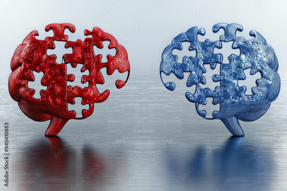 Poster two brain models one red and one blue facing each other symbolize the contrast of ideas and the inte