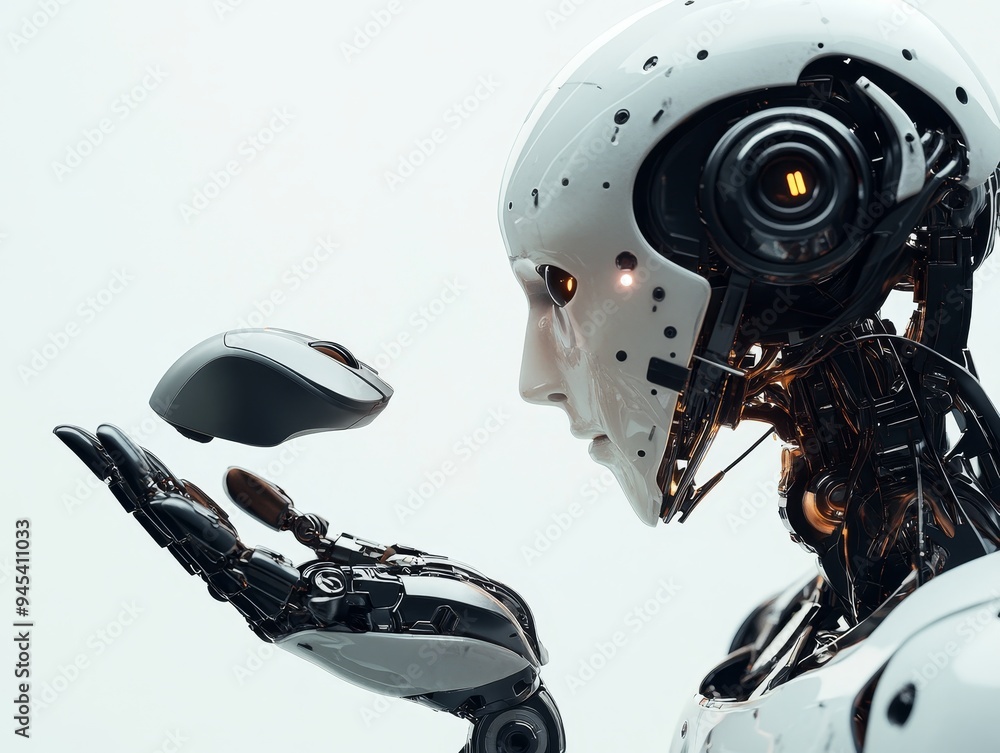 Poster a futuristic robot holding a mouse the dialogue between artificial intelligence and nature