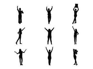 Set of Woman Raised Hands Silhouette in various poses isolated on white background