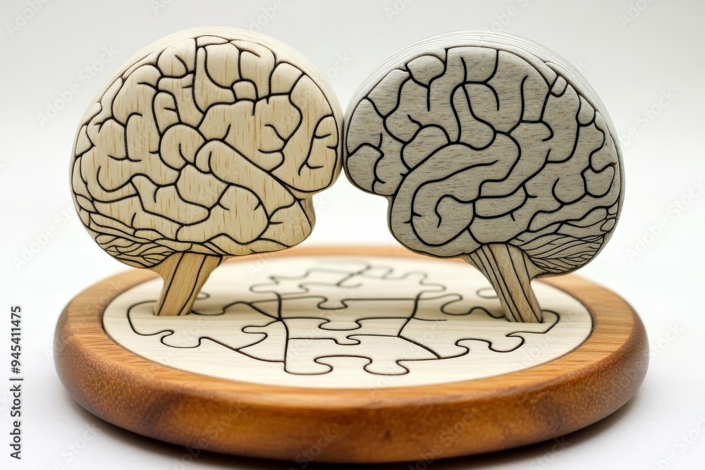 Poster a wooden brain model with interlocking puzzle pieces symbolizes the complexity of thought and the in