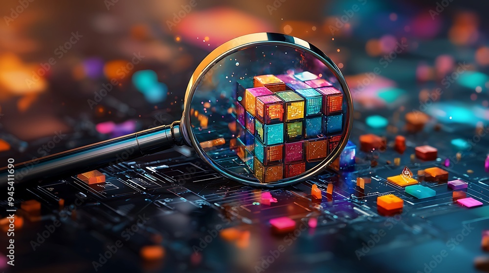 Poster a magnifying glass explores a colorful cube, revealing abstract patterns on a circuit board.
