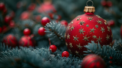 red christmas ball on tree.  Happy New Year. Merry Christmas. Christmas background with fir branches. Happy Holidays Greeting card. 