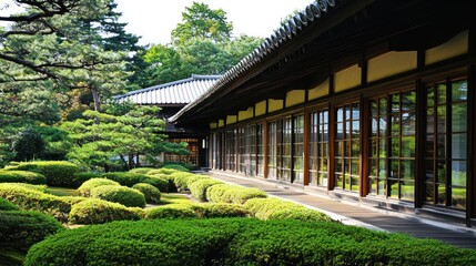Traditional Japanese house with a wooden exterior and a long row of windows overlooking a manicured garden.