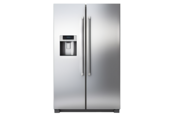 Modern double-door refrigerator isolated on transparent background for home appliance design, kitchen layout visualizations, and interior decor projects in high-resolution PNG format.