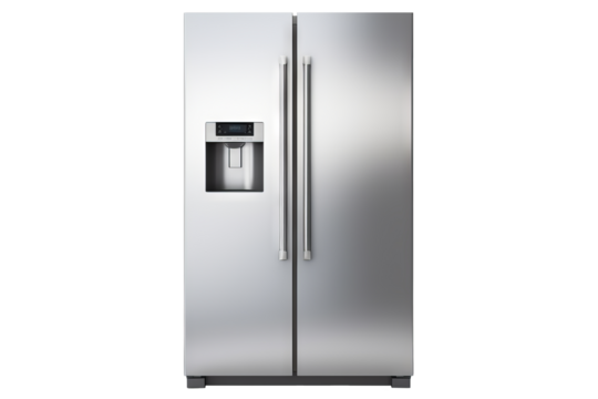 Modern double-door refrigerator isolated on transparent background for home appliance design, kitchen layout visualizations, and interior decor projects in high-resolution PNG format.