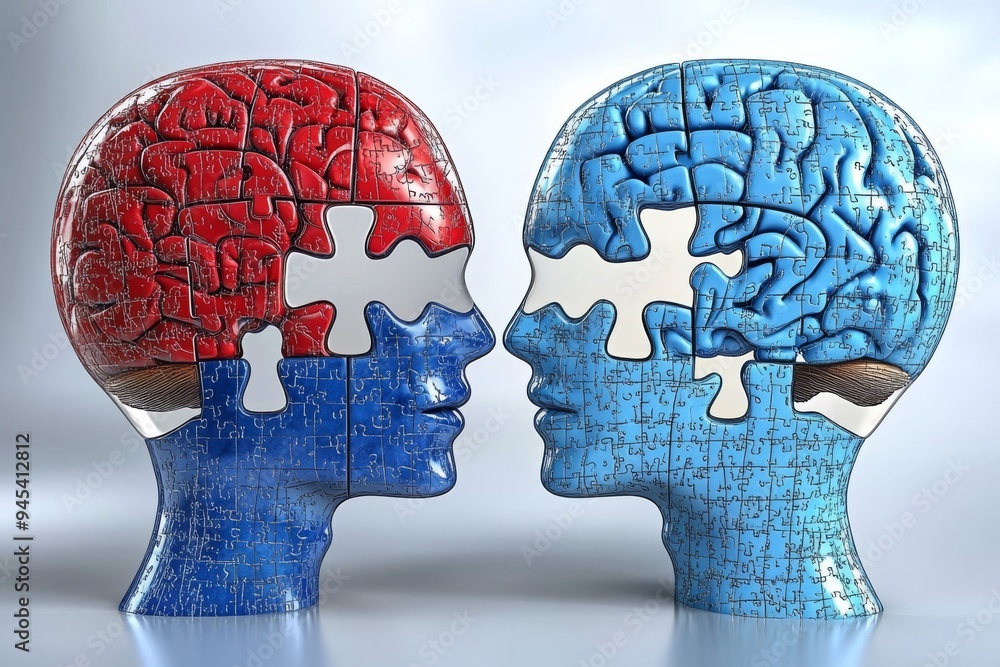 Poster two abstract human heads with puzzle pieces representing cognitive matching and connection symbolizi