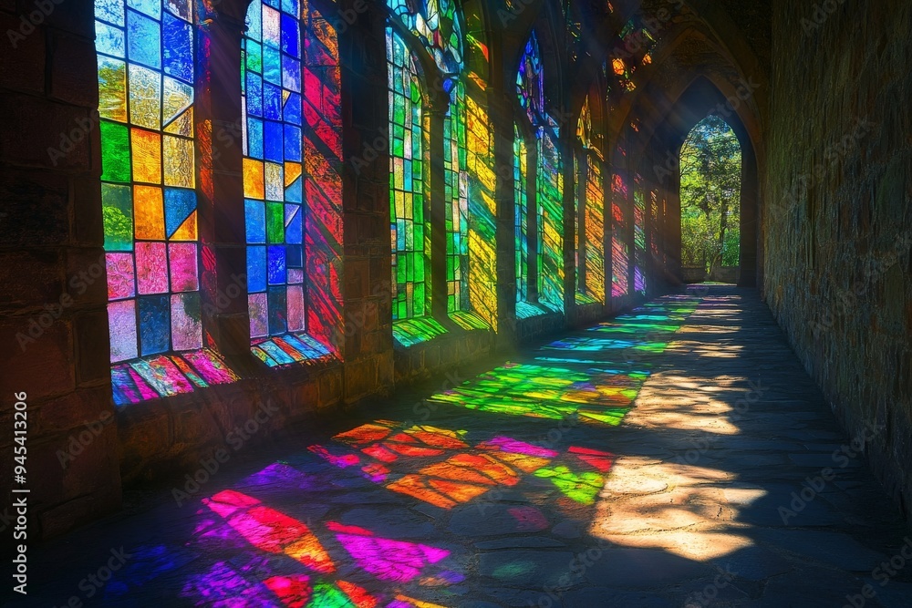 Poster vibrant stained glass windows line a stone corridor, refracting colorful light and shadow patterns a