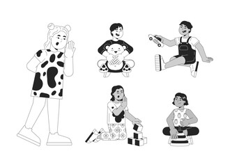 Little multiracial children black and white 2D line cartoon characters set. Kindergarten students playing isolated vector outline people. Toddler kids monochromatic flat spot illustrations collection