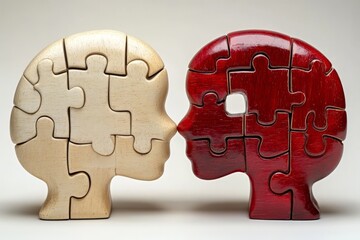 Two puzzle piece heads facing each other symbolizing the complex and intricate process of aligning minds thoughts and ideas to achieve mutual understanding and cognitive harmony