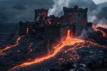 A medieval fortress stands strong amidst fiery lava flows, under a smoky sky, representing human resilience and the relentless power of nature's fury.