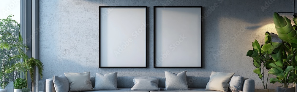 Poster abstract 3d rendering of a blank photo frame displayed on a wall in a stylish interior space