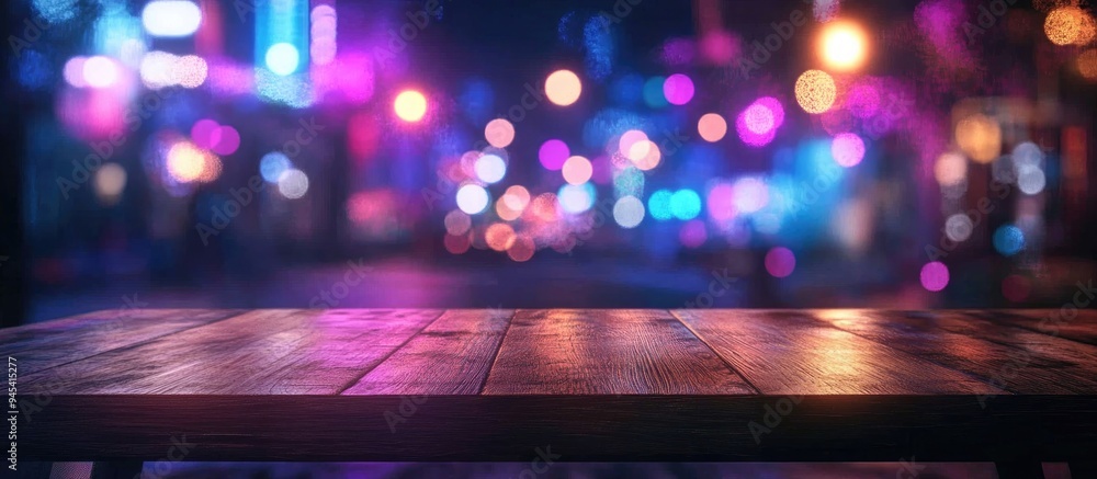Poster 3d rendering of an empty wooden table top with bokeh lights in a blurred dining setting
