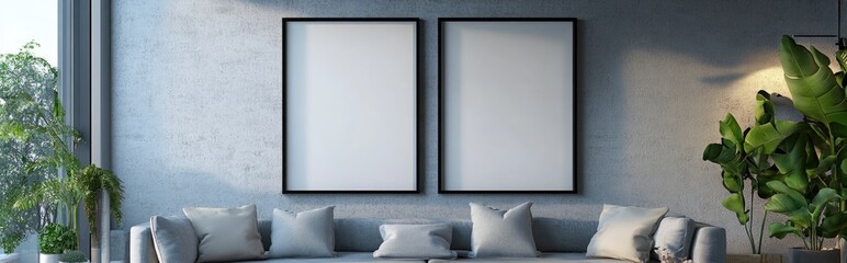 Abstract 3D rendering of a blank photo frame displayed on a wall in a stylish interior space