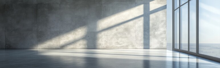 Modern gallery interior featuring an empty gray wall and concrete flooring 3D rendering