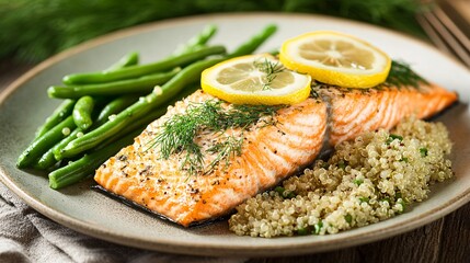A plate of baked salmon topped with dill and lemon slices, served with a side of steamed green beans and quinoa, set on a ceramic plate with a soft, natural background